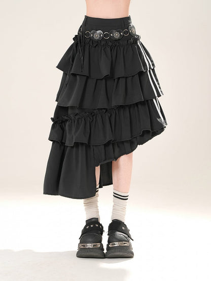 Black Asymmetrical Hem Tiered Skirt