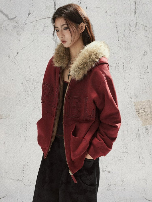 Patch Plush-lined - Red Letter Closure Jacket Zip Hood Vintage Details Wine