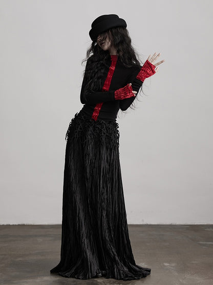 Urban Long-Sleeve Knit Black Design Red Top Goth Color-Block