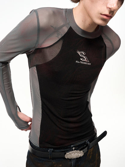 Haut coupe ajustée Panneau Manches Poignets avec trous pour les pouces Noir avec longues semi-transparentes
