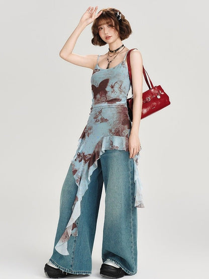 Retro Butterfly Print Summer Top with Cascading Ruffles - Girlyhalo