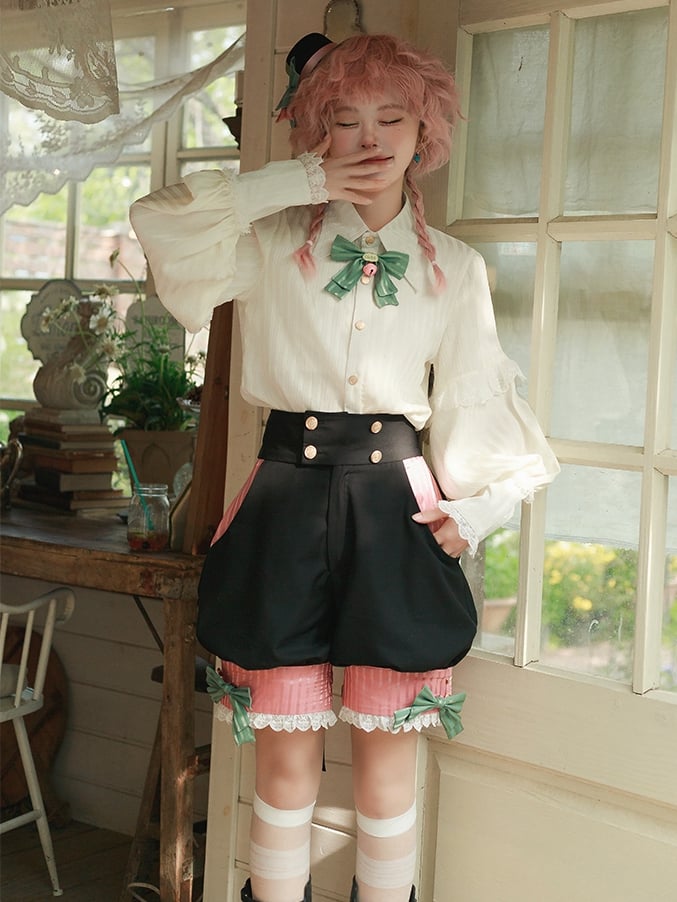 Shirt Foldover Pointed Ouji Collar Lolita Sleeves Long Creamy