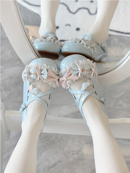 Toe Candy Round Shoes Low Mary Bows Jane Lolita Sweet Blue Heel - with