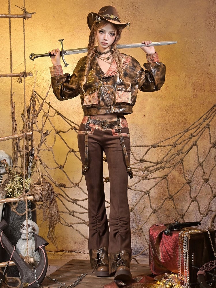 PU Brown Suspenders Orange Detachable V-Waistband Suede Lace Steampunk with Pants