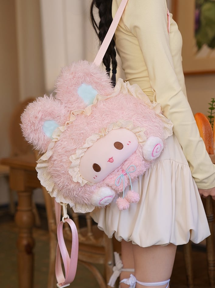 Backpack Plush Rabbit-shaped Trim Lace Pink