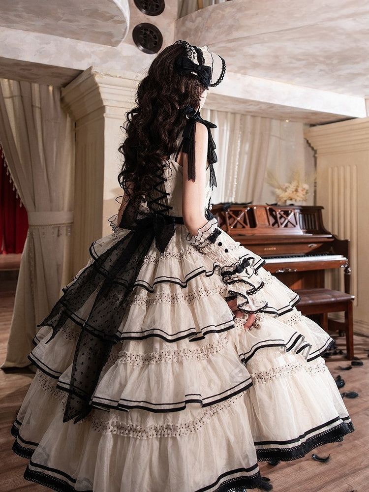 Swan-Embroidered Ruffled JSK Dress in Beige & Black - U.Rtto