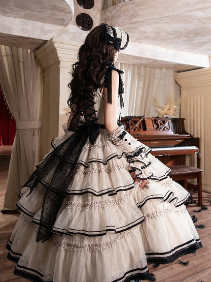 Swan-Embroidered Ruffled JSK Dress in Beige & Black - U.Rtto