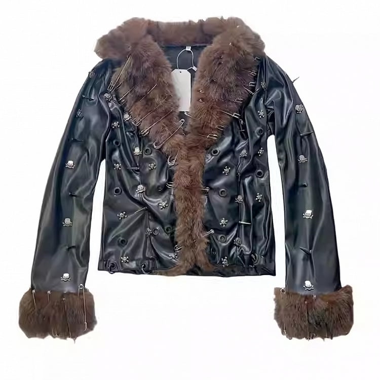 ピンスタッドブラウンとジャケットパンクブラック装飾スケルトンウェイストランドPU