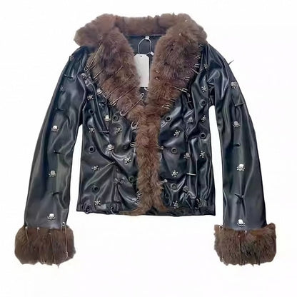 ピンスタッドブラウンとジャケットパンクブラック装飾スケルトンウェイストランドPU