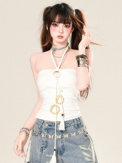 ストラップネックタッセルトップホワイトホルターグラマラス