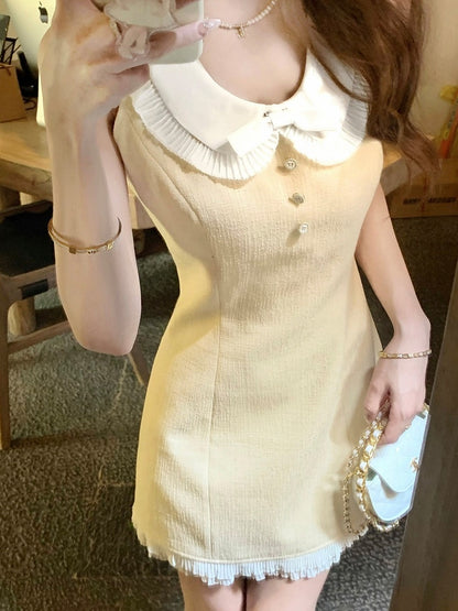 Milk Yellow Dress Bow Ruffle Hem Decoration - Qchiwawameme