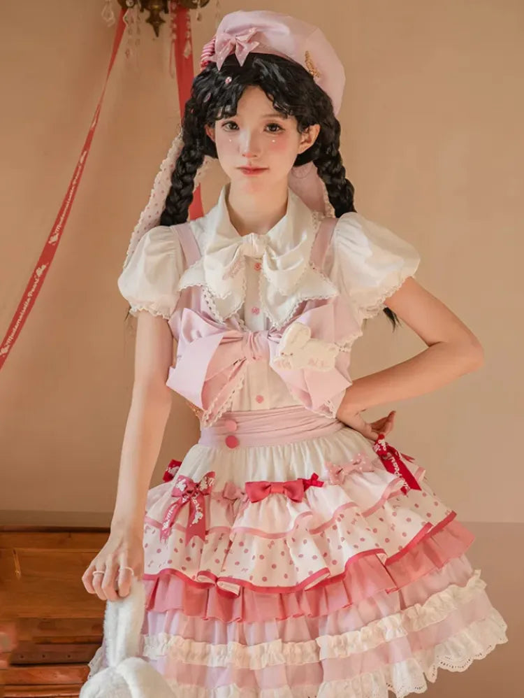 パフカラースリーブのショート丈ホワイトシャツ 蝶結び