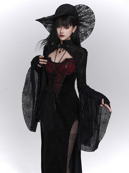 Spiderweb Cross-Lace Dress Thigh Red Slits Halloween Gothic Slip Print with Black Detail