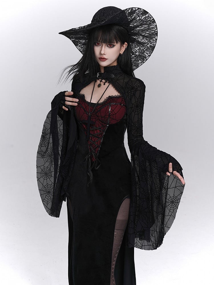 with Print PU Gothic Buckle Crop Bell Neckline Black Halloween Spiderweb Shrug Sleeve