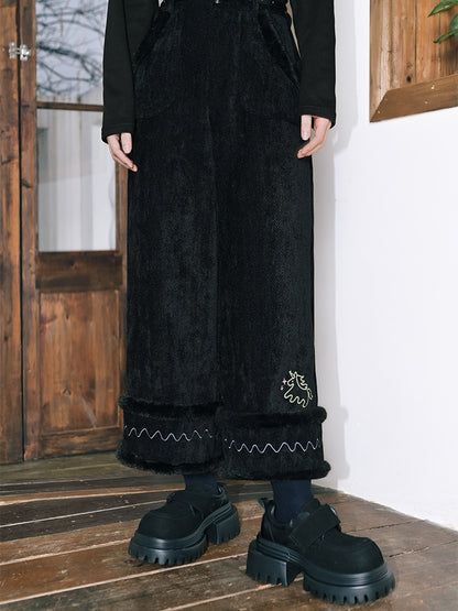 Black High-Waisted Wide-Leg Pants with Pony Embroidery & Fur Hem - Quirky Hut