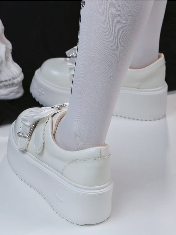 Details PU Kei White Rhinestone Shoes Version Platform Bow Heart Decor Slip-in Fit Jirai Design Regular/Thicken in