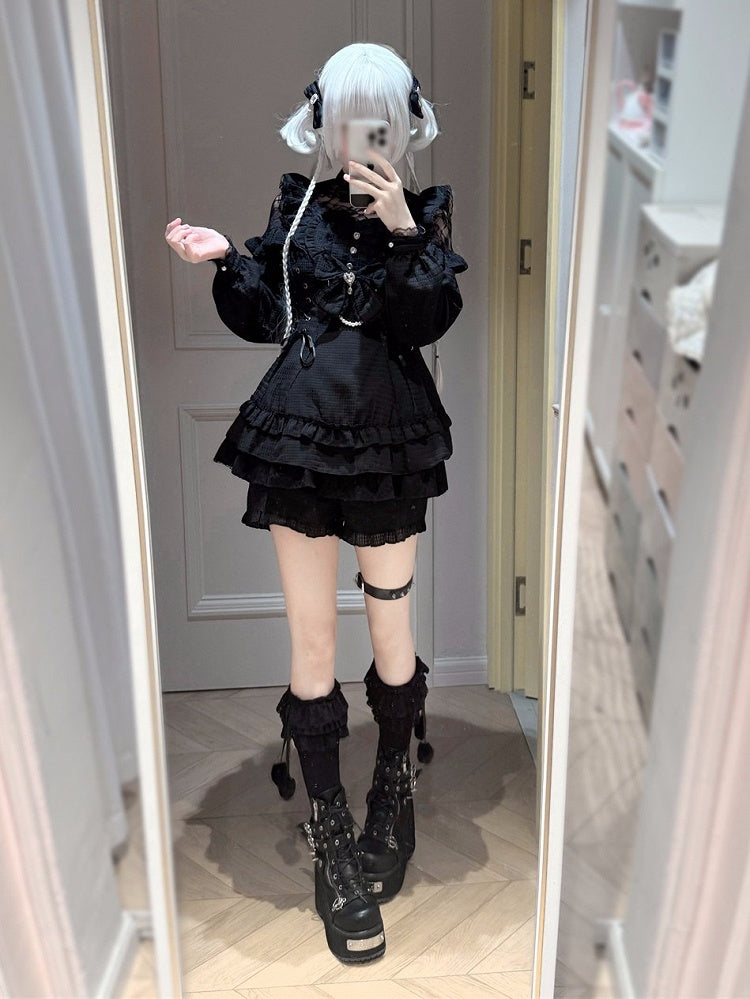 Gingham Black Jirai Kei Lace Patch Dress Shorts Bow Tie Set - Jiuniang Cherry