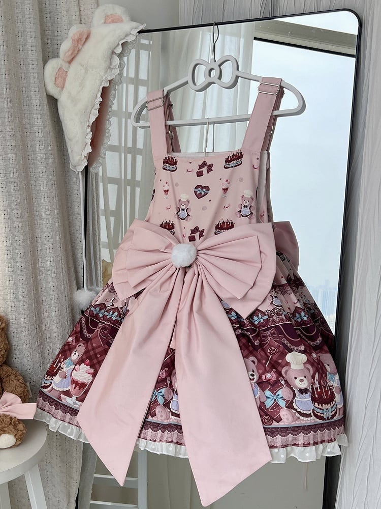 and Sweet Bear Lolita Print + Dress Big Bow Cake Overall Pink Train