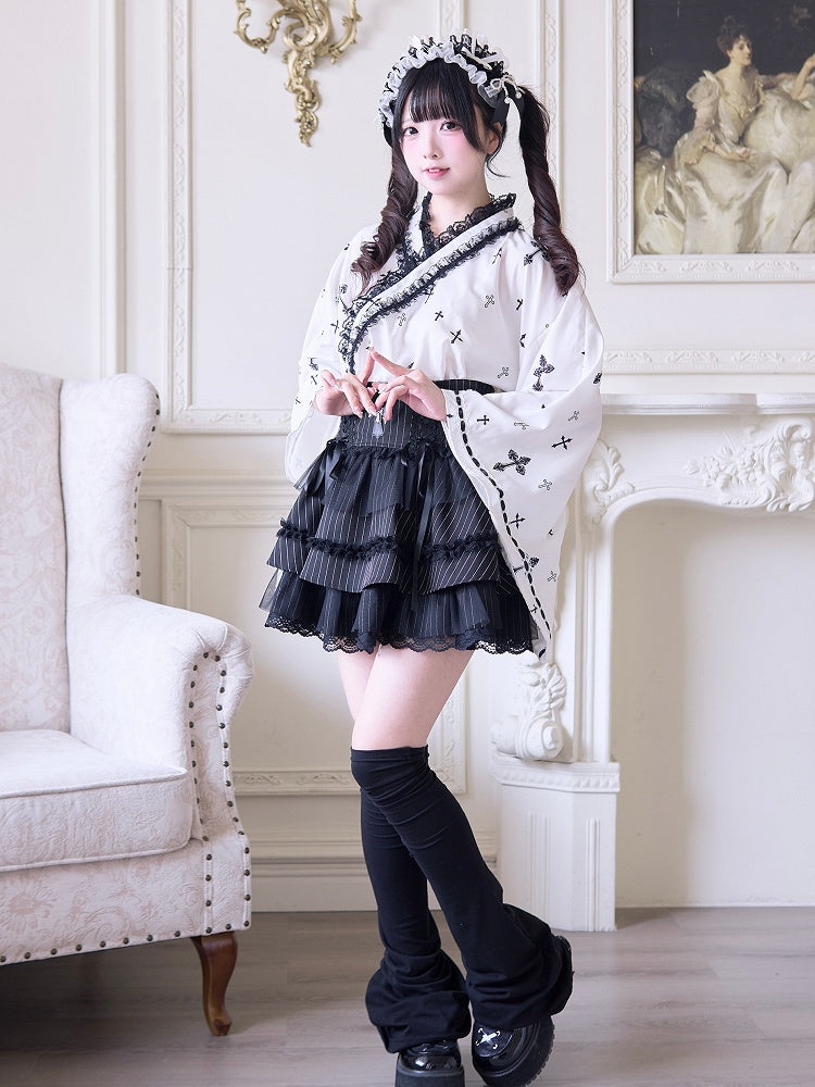 with Bell Sleeves Wrap Top Gothic Cross Print Black Jirai Kei Kimono-Style White