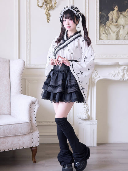 with Bell Sleeves Wrap Top Gothic Cross Print Black Jirai Kei Kimono-Style White