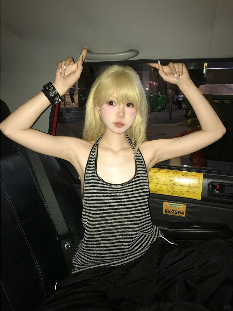 ホワイトストライプホルターネックトップ ブラック ヴィンテージ バックレス