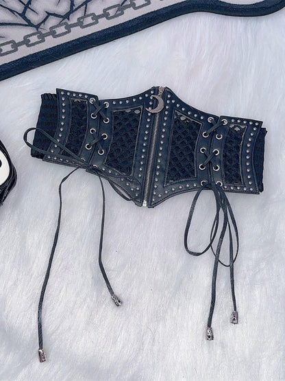 Korsettgürtel mit Schnürdetail und Halbmond-Reißverschluss, schwarz, Punk-Taille