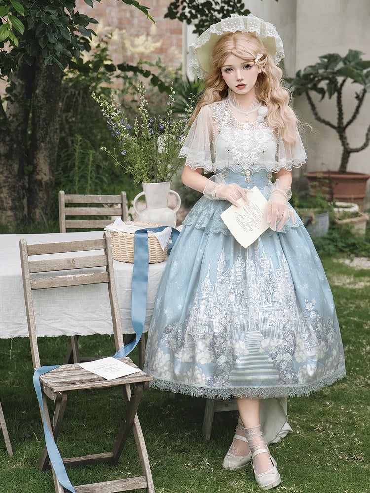 Weißer Rock mit hoher Cape-Taille, Top, Camisole + Tüll-Print, Castle Blue