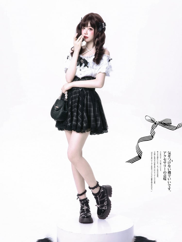 Bow Black Dual Skirt Jirai with Overlay Accents Plaid Layered High Waist Kei