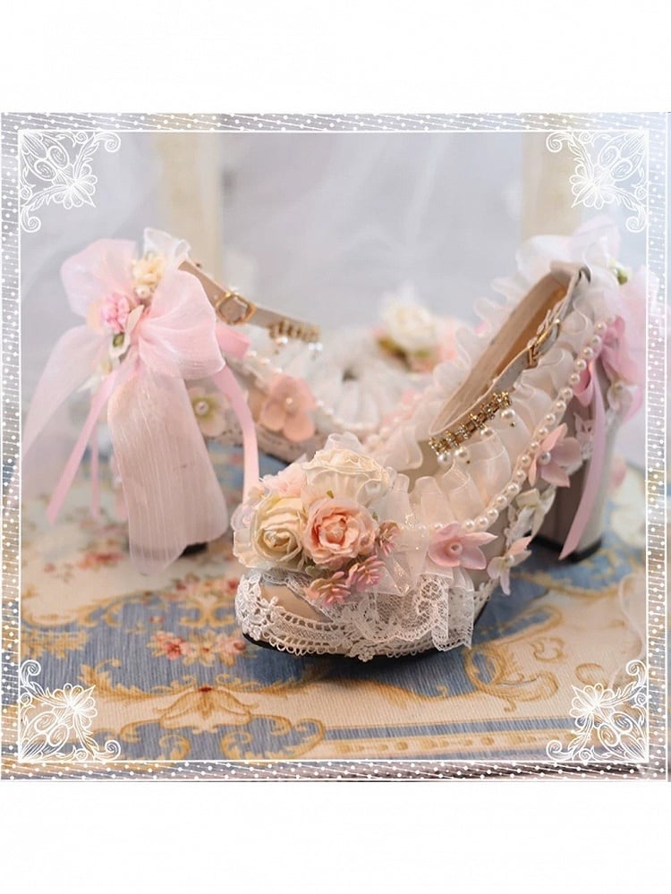 Elegant Lolita Pink Pearl Chain High Heels with Rose Lace - Mirror Lolita