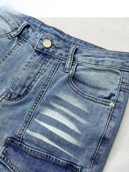 Y2K Vintage Hellblaue Low Waist Flared Denim Glamouröse Jeans mit Cargotaschen