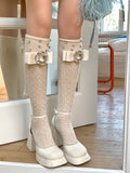 Knee Handmade Under Stockings Square Milk White/Black Rhinestone