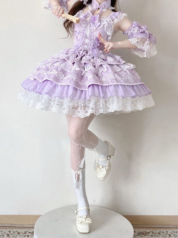 Bows Dress Frog Chinoiserie Flower with Layered Purple Lolita Corset Button Waist