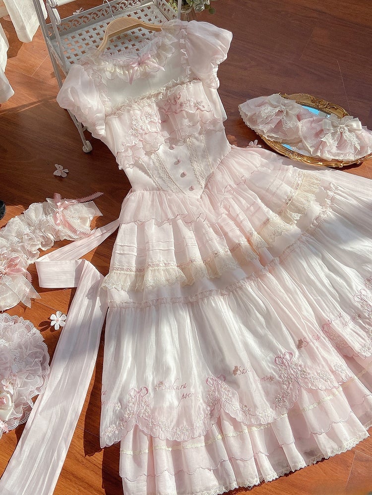 Stickerei kurzes rosa Kleid Mini Blossom zarte Ärmel Kirsche Lolita Prinzessin