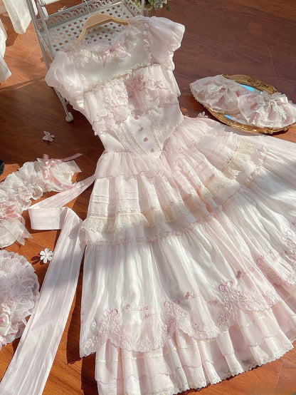 Stickerei kurzes rosa Kleid Mini Blossom zarte Ärmel Kirsche Lolita Prinzessin