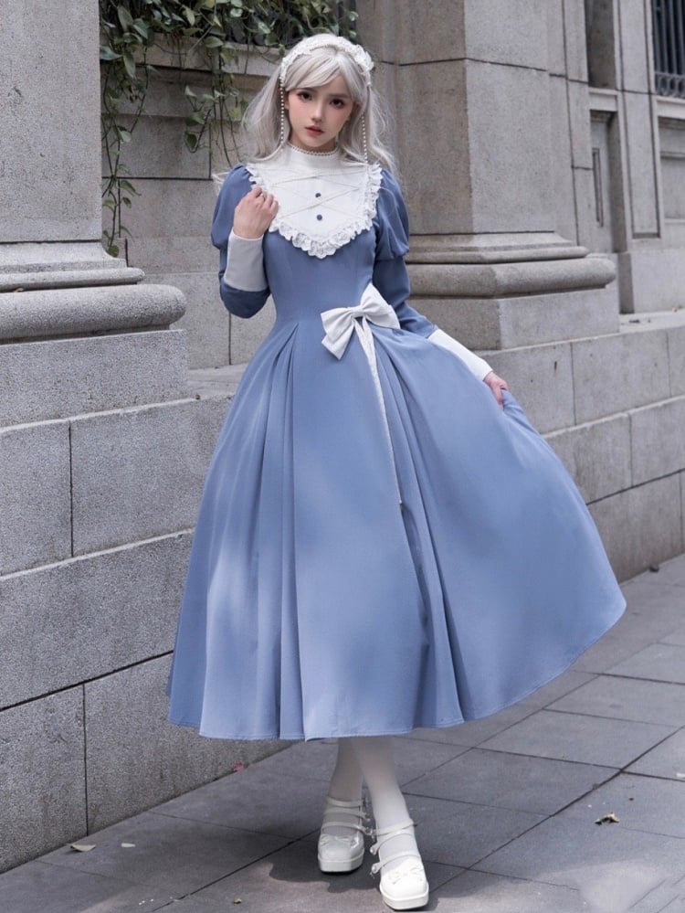 Blaues elegantes Juliette-Ärmelkleid Nonne Lolita Langarm Einteiler