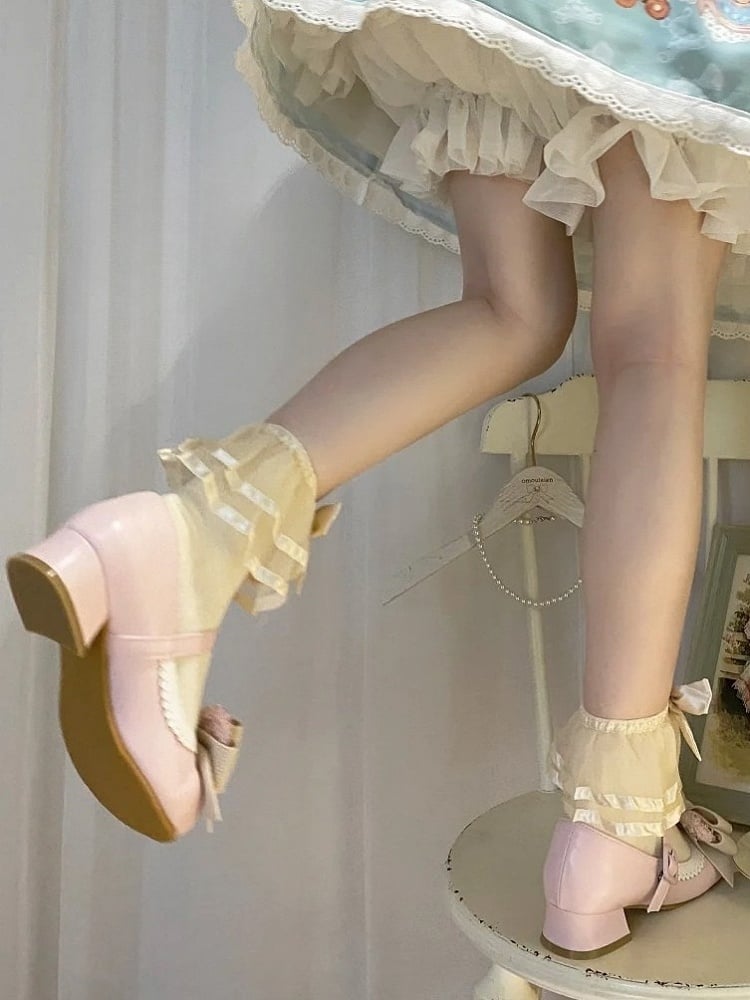 Pink Low/Mid Edge Mary Ear Light Bear Detachable Sweet - Scalloped Heel Bow Janes with Lolita