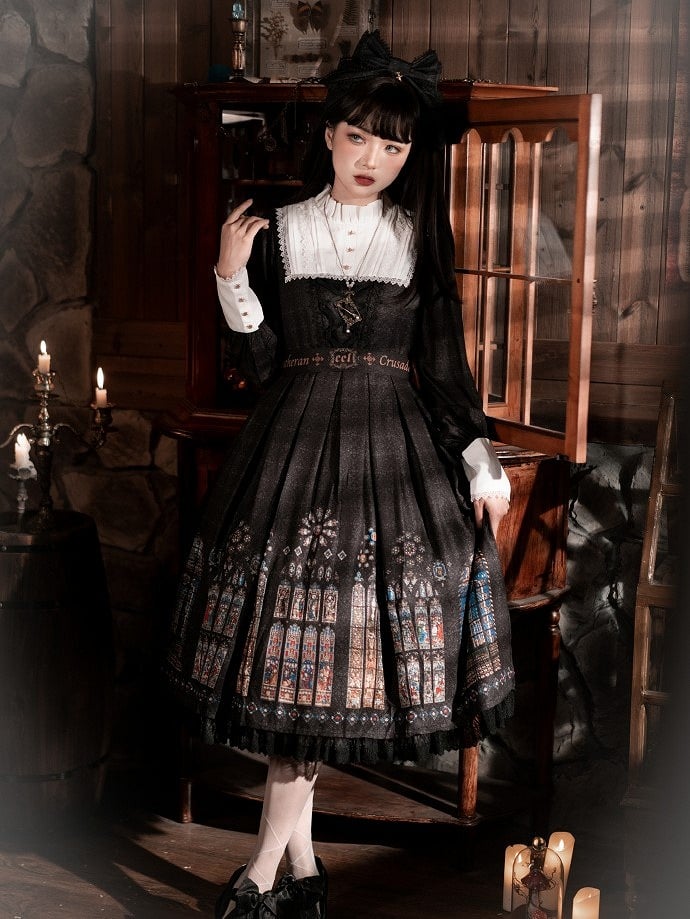Long Version White Black with Sleeves Dress Lolita Church Gothic Collar Stained Detachable Window
