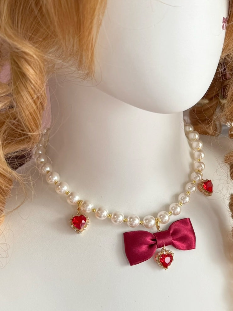 Red Heart Pink/Wine Beaded Neckalce Pendant Bowknot And