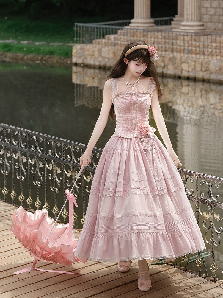 Pink Sleeveless Lace Trim Top with Floral Belt Set - Penny House