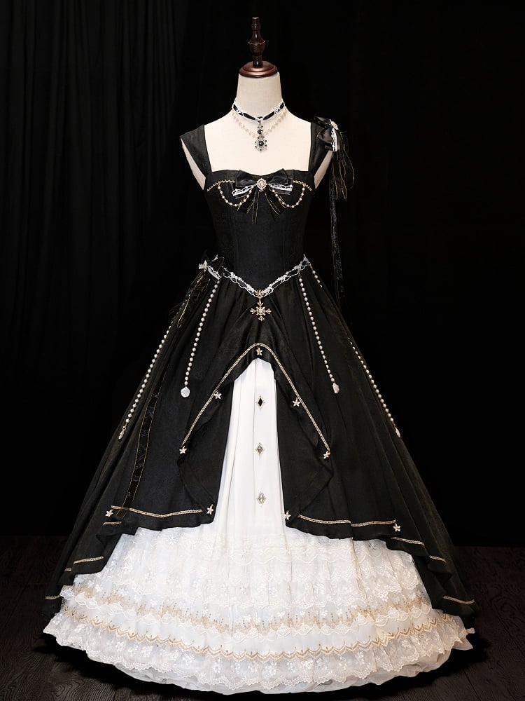 Black and White Boned Corset Bodice Gorgeous Long Train Lolita Dress Full Set