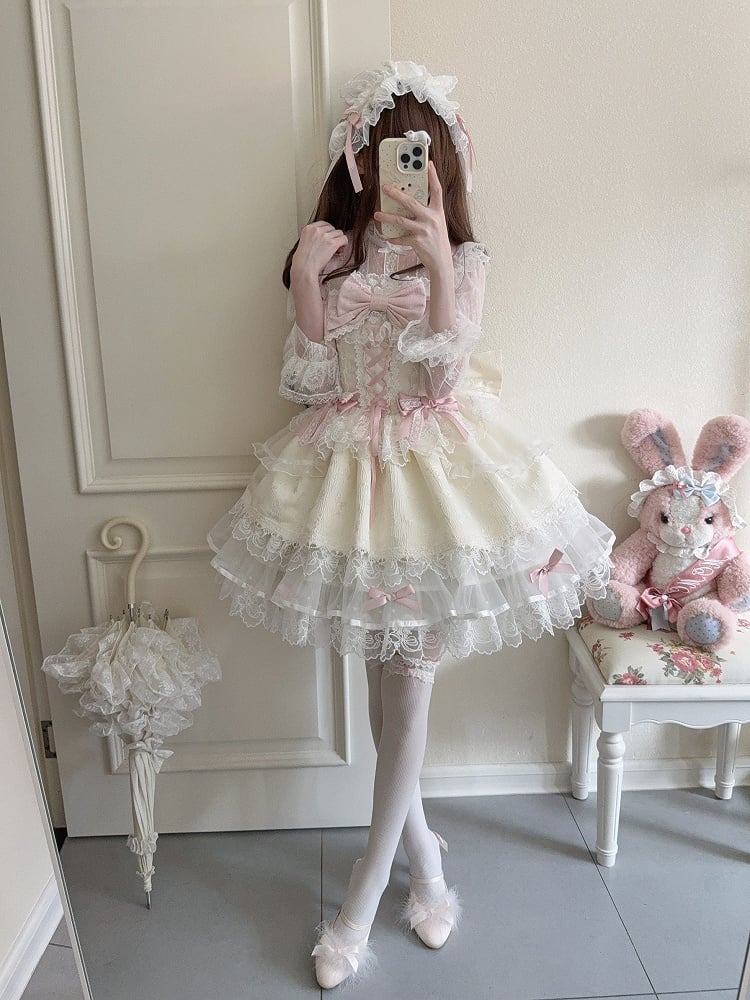 Apricot Bow Lolita Embossed Details with Adorable JSK Lace Princess Dress Jacquard Ruffled