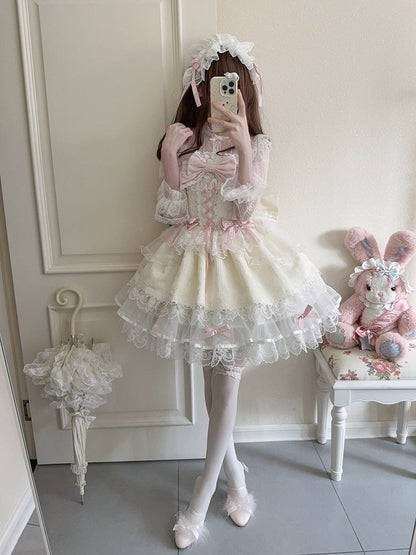Apricot Bow Lolita Embossed Details with Adorable JSK Lace Princess Dress Jacquard Ruffled