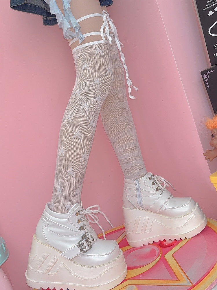 非対称の黒/白の星柄の膝上ストライプストッキングデザインY2Kと