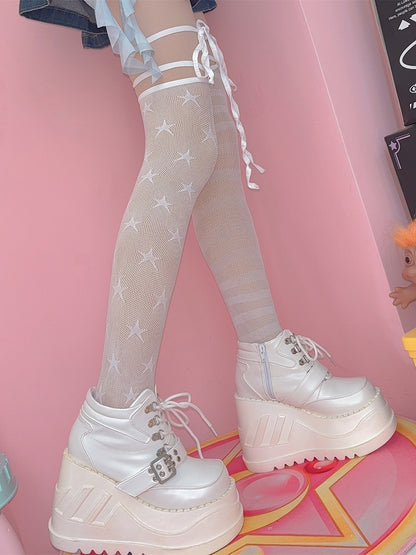 非対称の黒/白の星柄の膝上ストライプストッキングデザインY2Kと