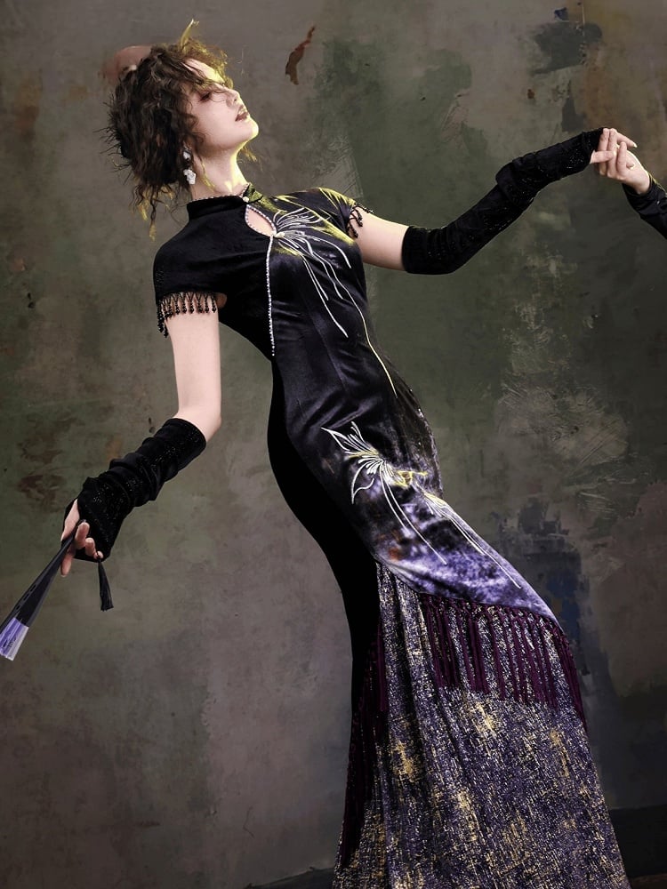Chinese Qipao Butterfly Wing Embroidered Mermaid Dress Fringe - sijinstudio