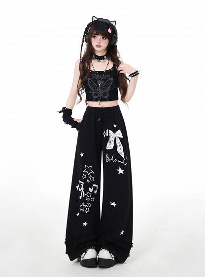 Weite Hose Schwarz/Hellgrau Schleife und Stern Print Vintage