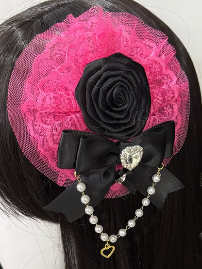 Perlenbesatz, Blumenmuster, verziert und rosa/rosafarbener Charme, Schleife, Strass, Herz, Spitze, Haarspange, Rot