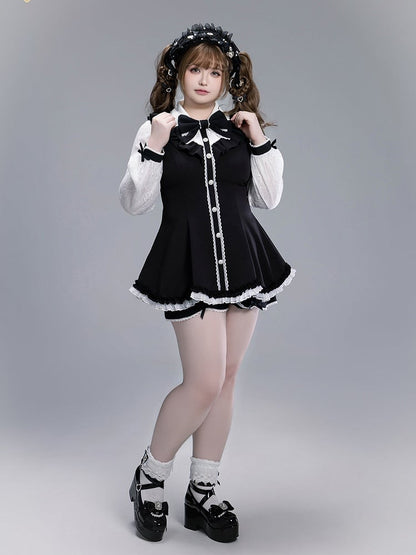 Black Kei with Coord Brooch and Set: White Trim Detachable Scalloped Shorts Edge Top Bow Jirai