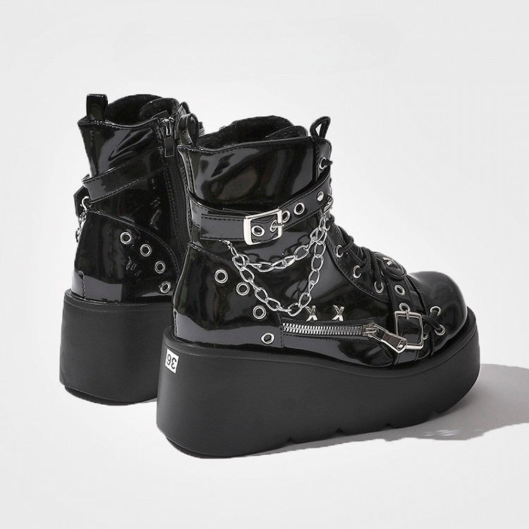 Platform Boots Ankle - Chain Black Charm Detachable Punk