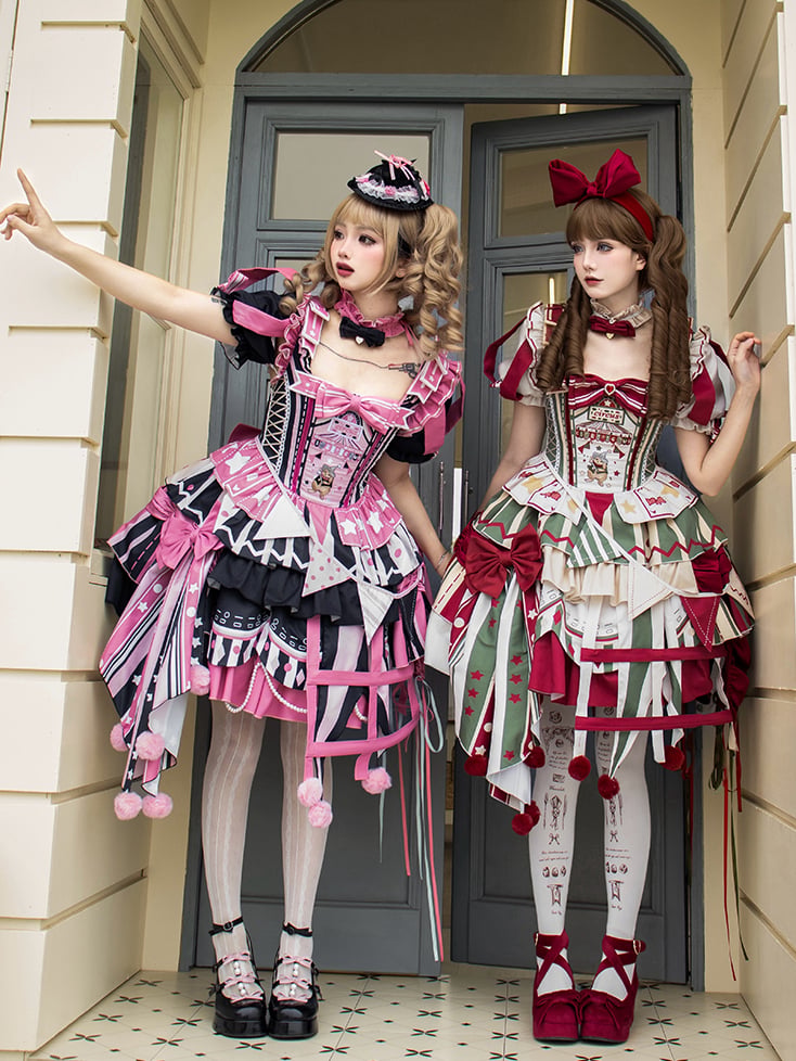 Lolita with Circus Puff Red Embroidery Bunny and Jumper Detachable Sleeves Skirt Dress Green Sweet